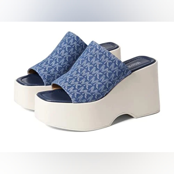 NWT Michael Kors Women's Dabney Platform Slide Sandals Denim Blue & Ivory SZ 9.5 - Picture 12 of 14